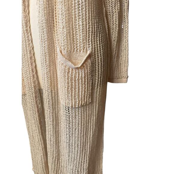 POL Open Knit Long Duster Cardigan Fringe Hem Cream Boho Large Pockets Western - Picture 3 of 8